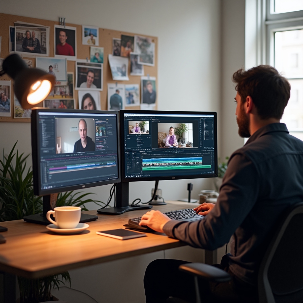 Birou de editare video cu mai multe monitoare afișând cadre dintr-un interviu, într-o cameră luminoasă cu mood board pe perete
