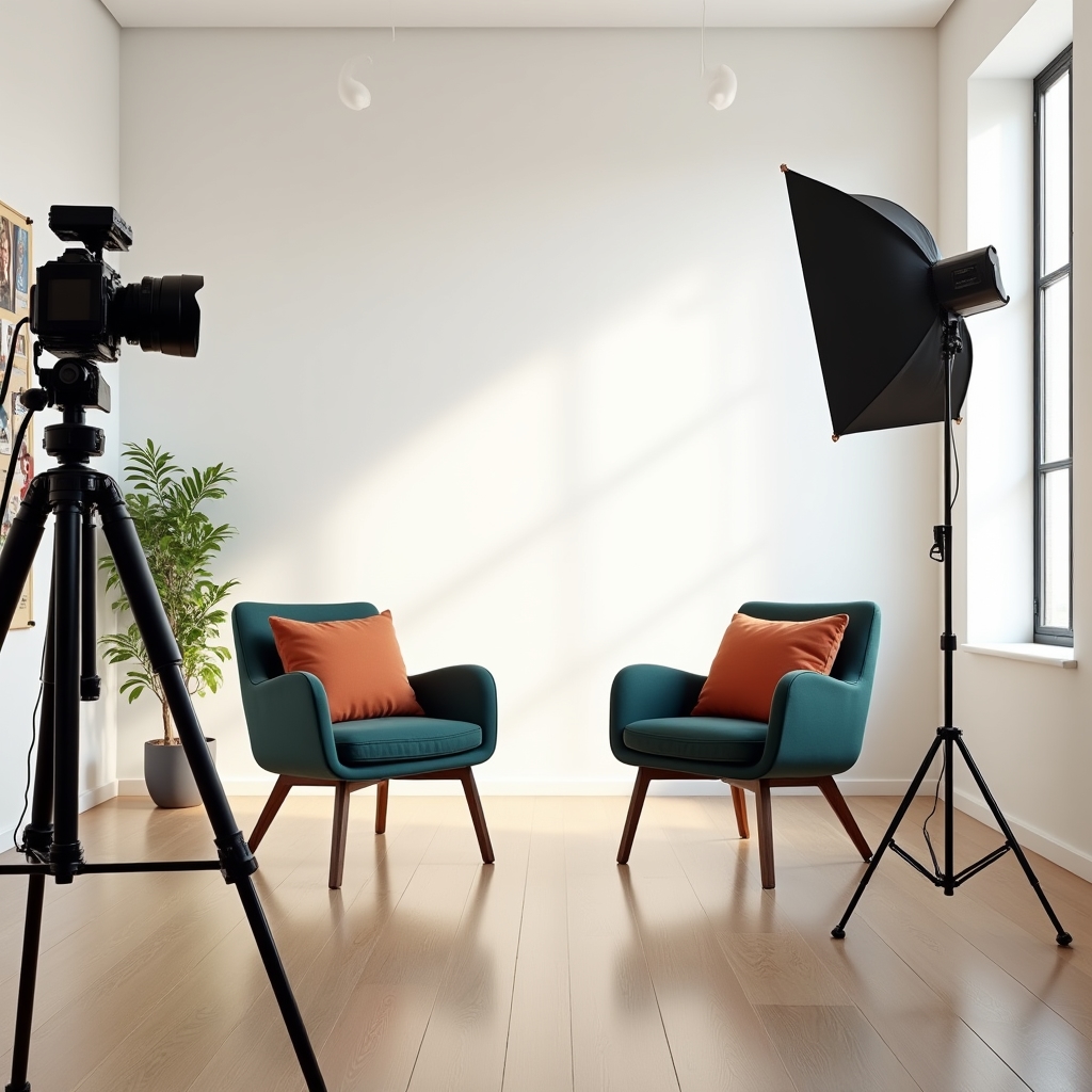 Platou de filmare pregătit pentru un interviu video, cu lumini, cameră și două scaune față în față