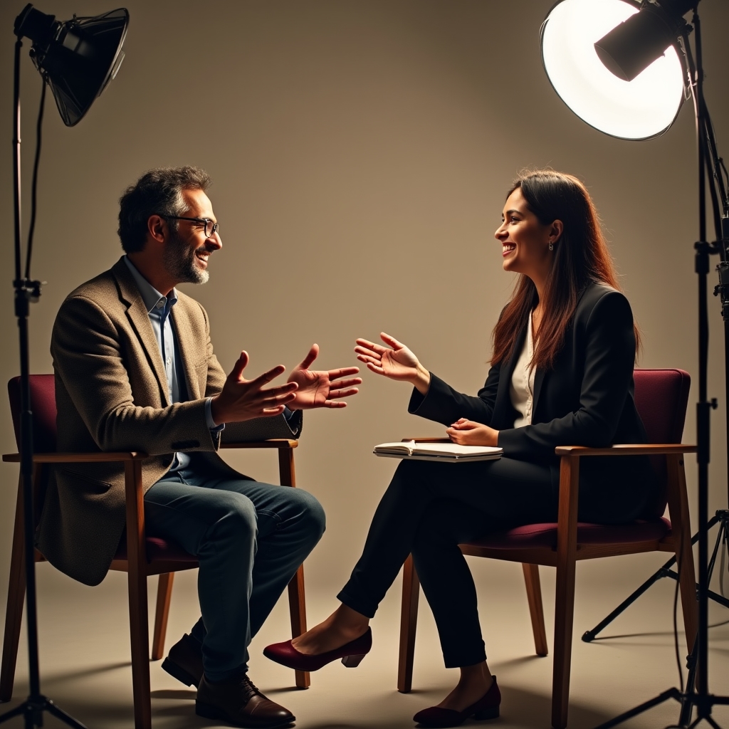 Doi oameni purtând o conversație apropiată într-un decor de studio, unul explicând ceva cu mâinile, celălalt ascultând atent