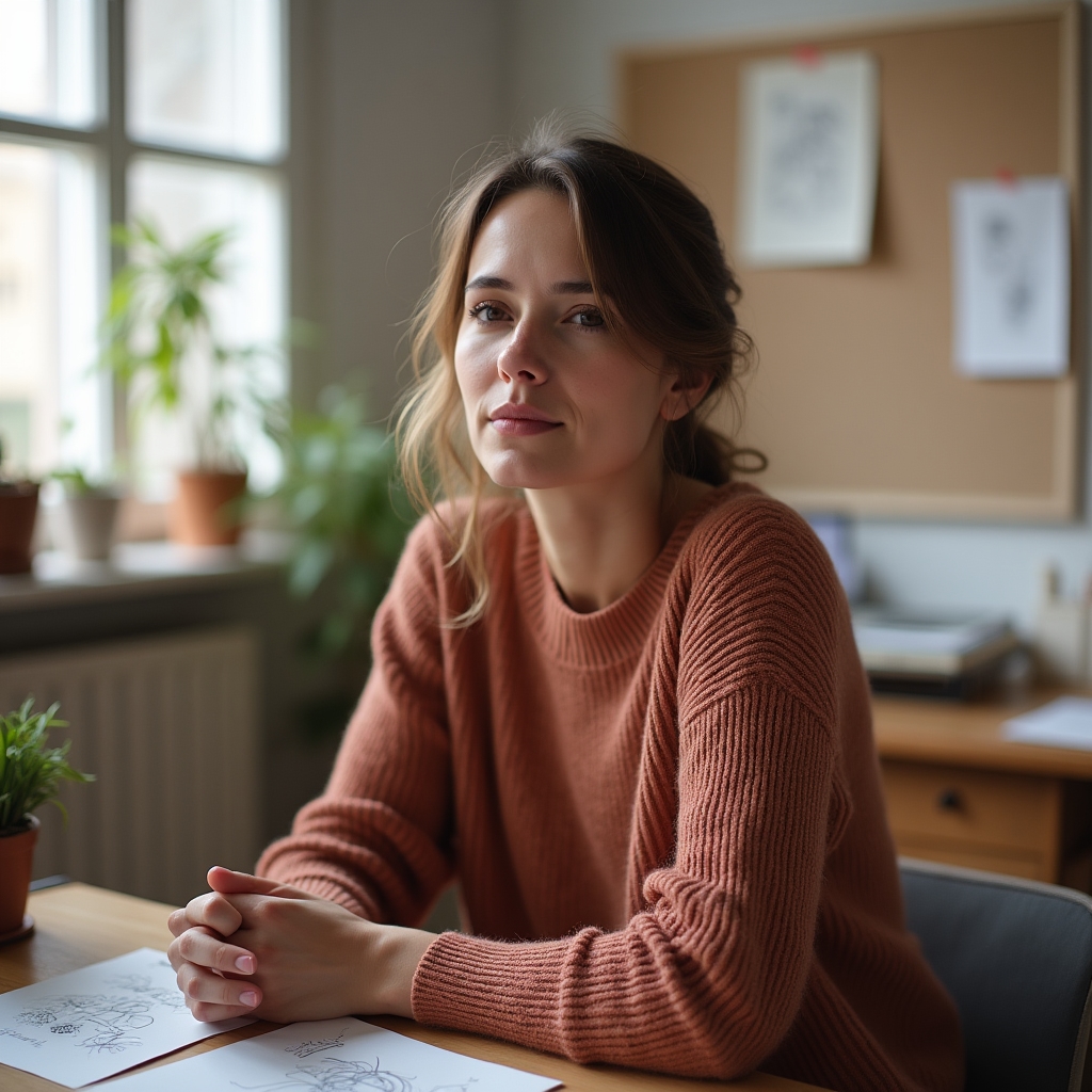 Femeie profesionistă, gânditoare, într-un spațiu de lucru luminos, înainte de începerea unui interviu video