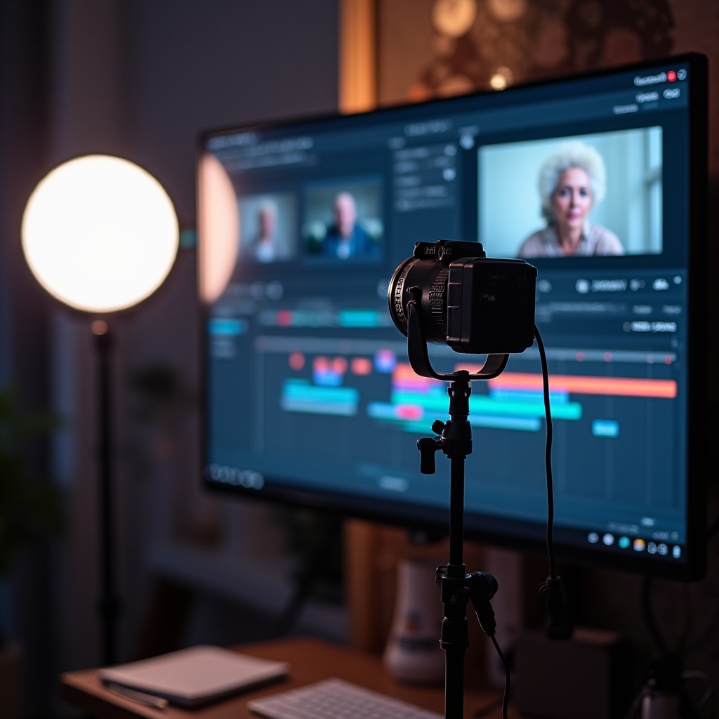 Detaliu de studio de filmare cu lumini reglabile și un ecran de montaj afișând un cadru dintr-un interviu video